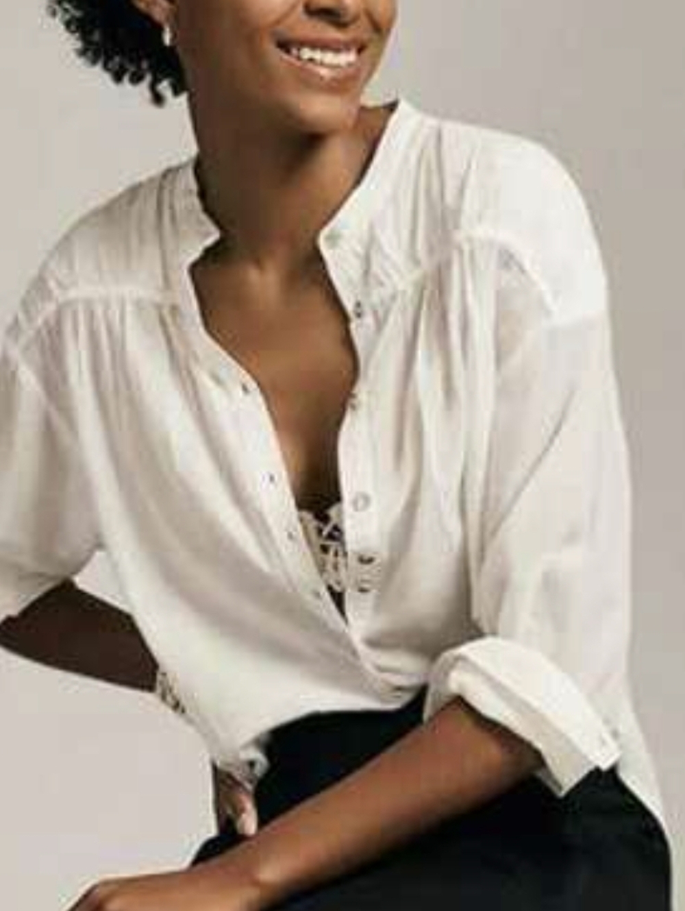 Lightweight White Women's Button Henley Blouse - Picture 2 of 16